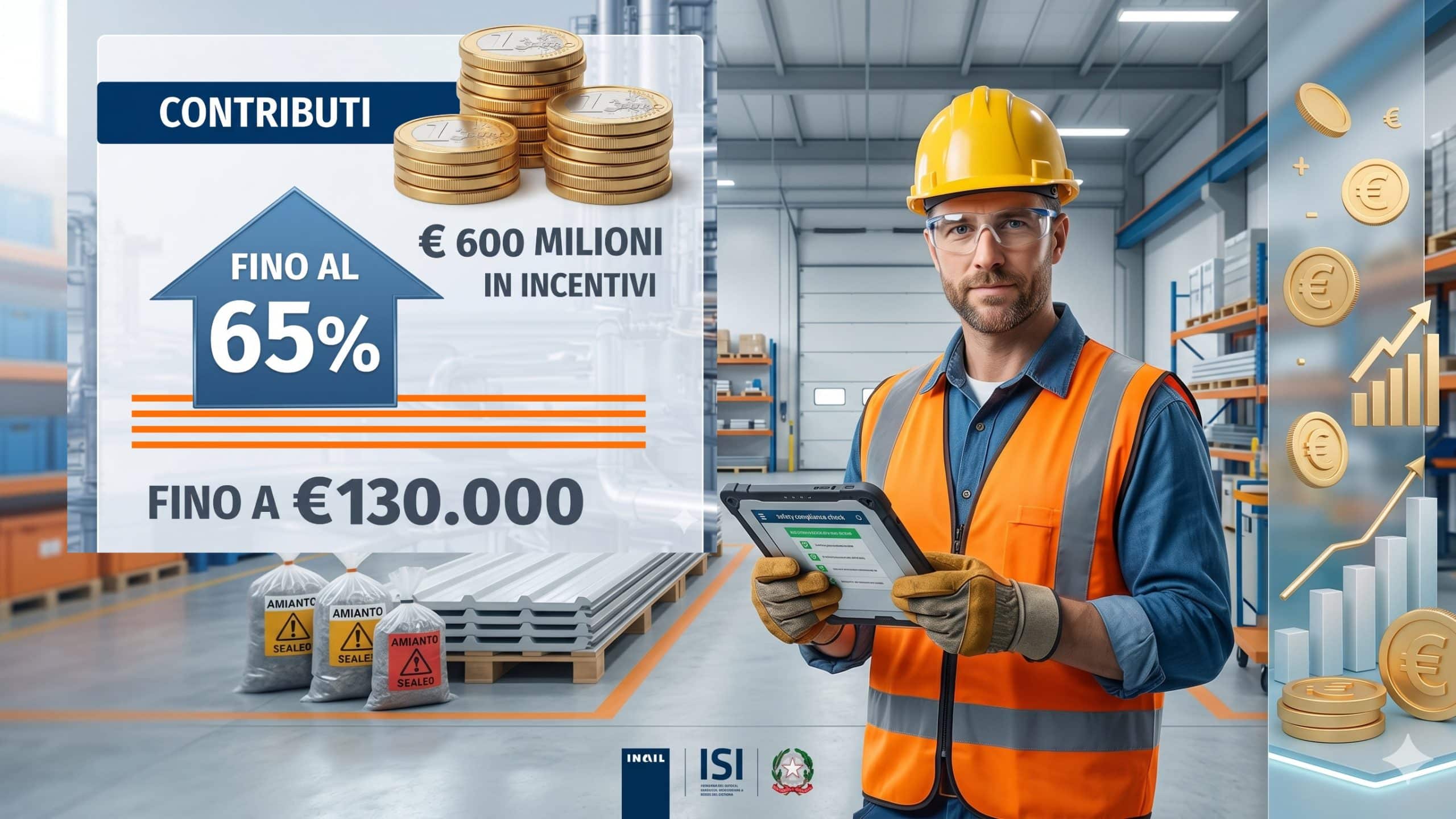 Lavoratore edile con tablet e infografica su contributi a fondo perduto del 65% per il Bando ISI INAIL 2025, fino a 130.000 euro. Monete e totale fondi visualizzati.