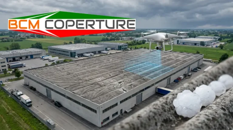 Drone tecnico esegue la mappatura e ispezione di un tetto in amianto industriale danneggiato da una grandinata nel Nord Italia.